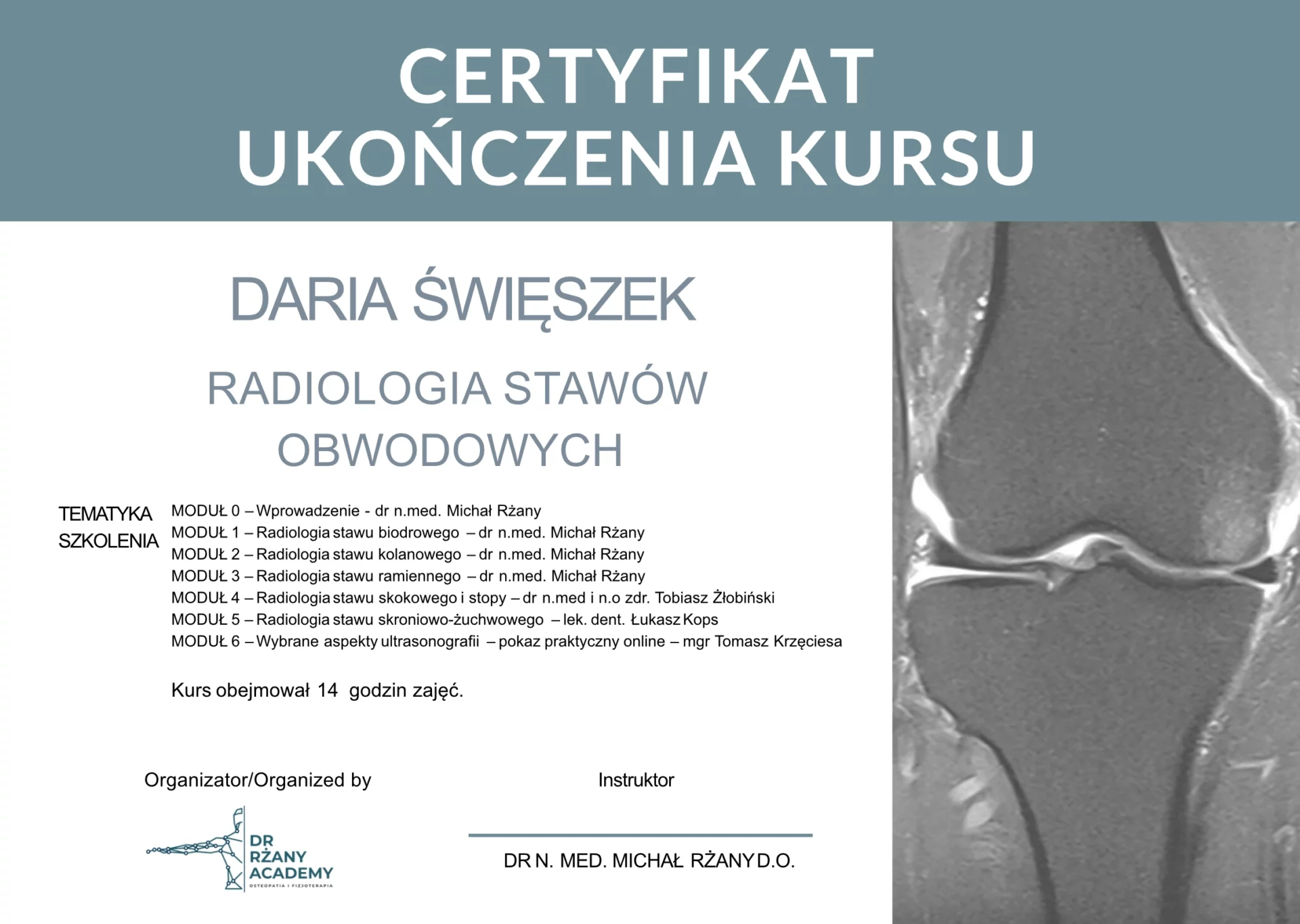 certyfikat Daria Święszek Radiologia stawów obwodowych
