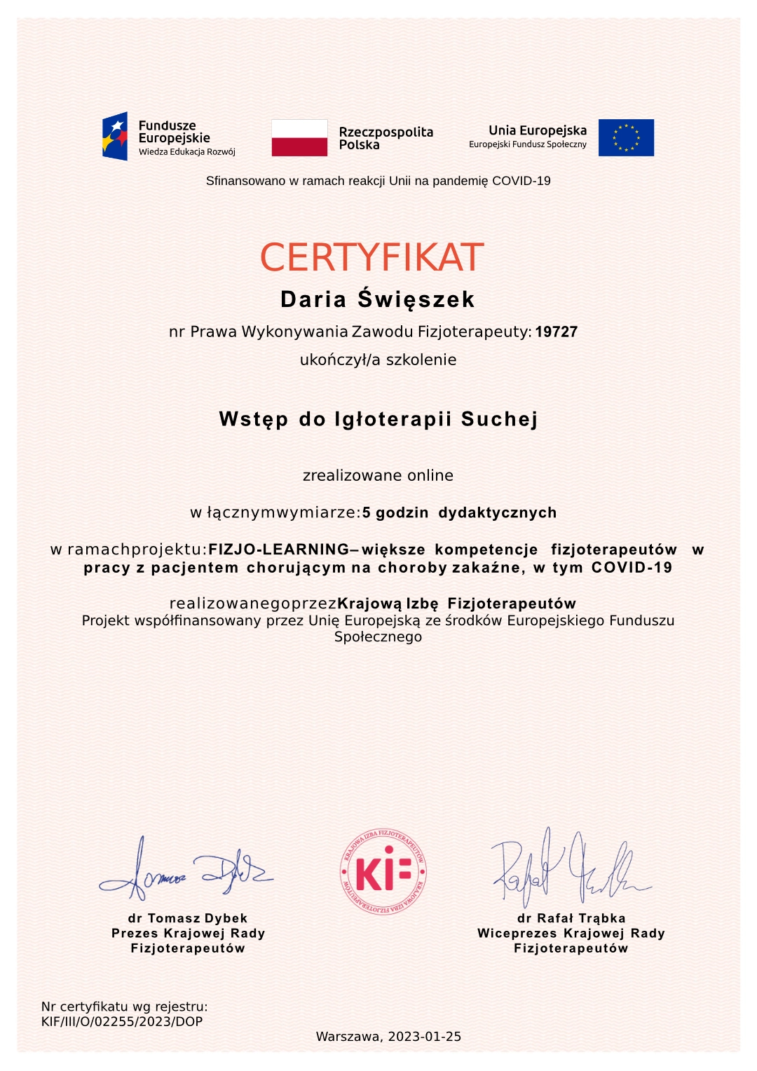 certyfikat Daria Święszek Wstępk do Igłoterapia Suchej