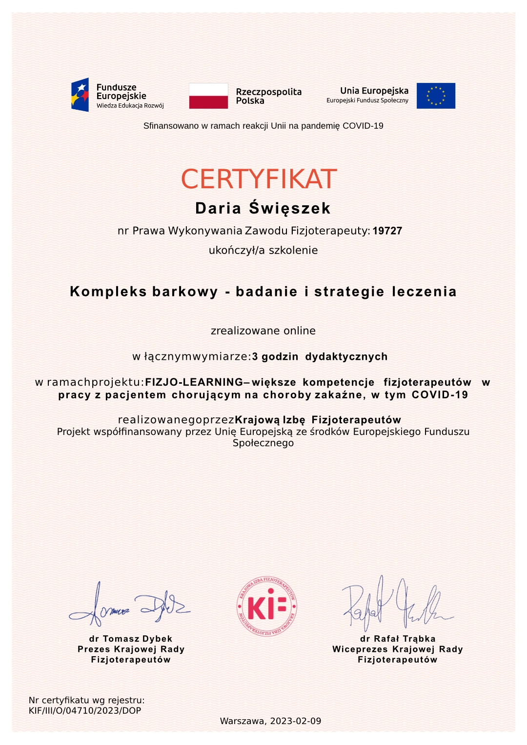 certyfikat Daria Święszek Kompleks barkowy badanie i strategie leczenia