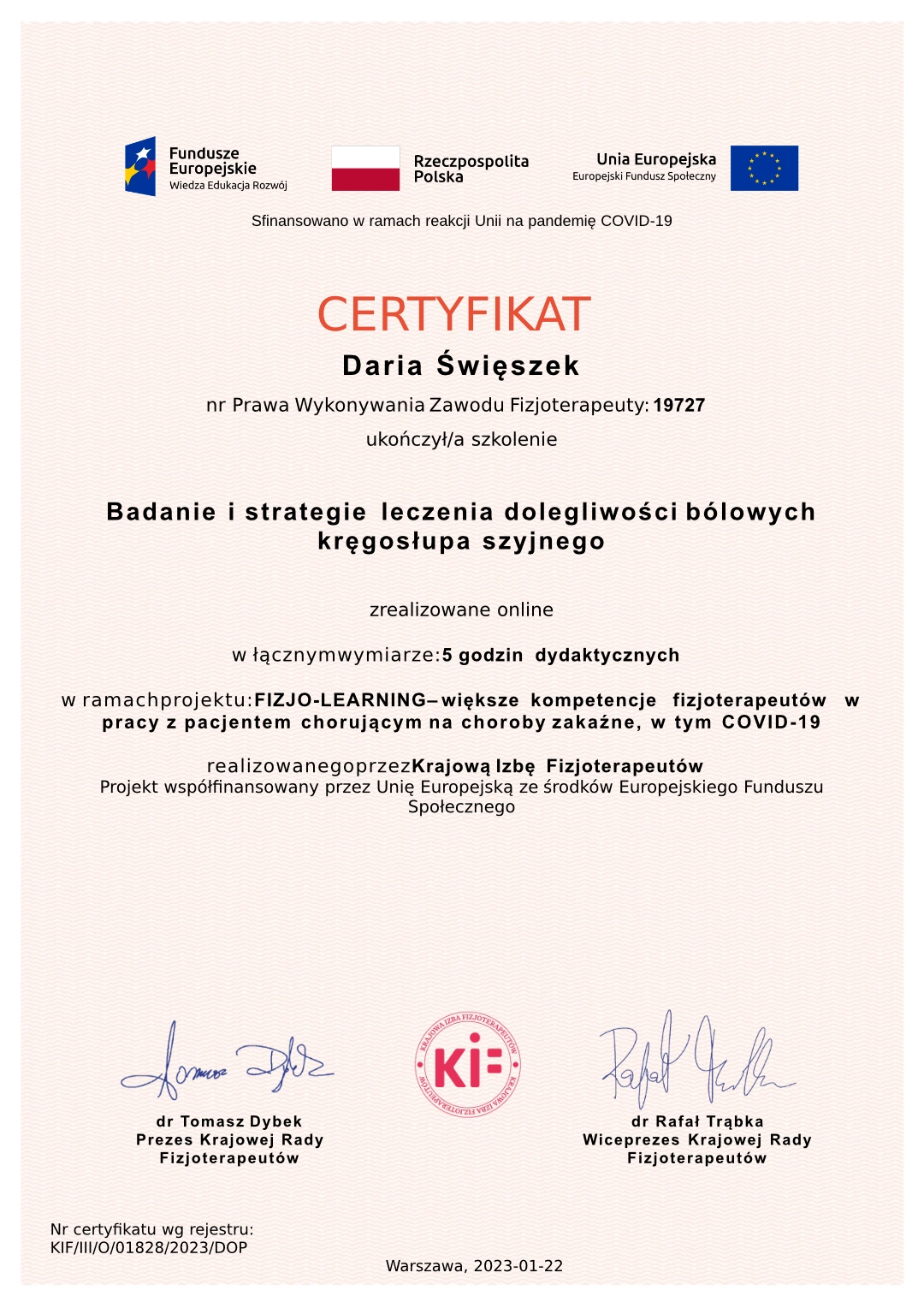 certyfikat Daria Święszek Badanie i strategie leczenia dolegliwości bólowych kręgosłupa szyjnego