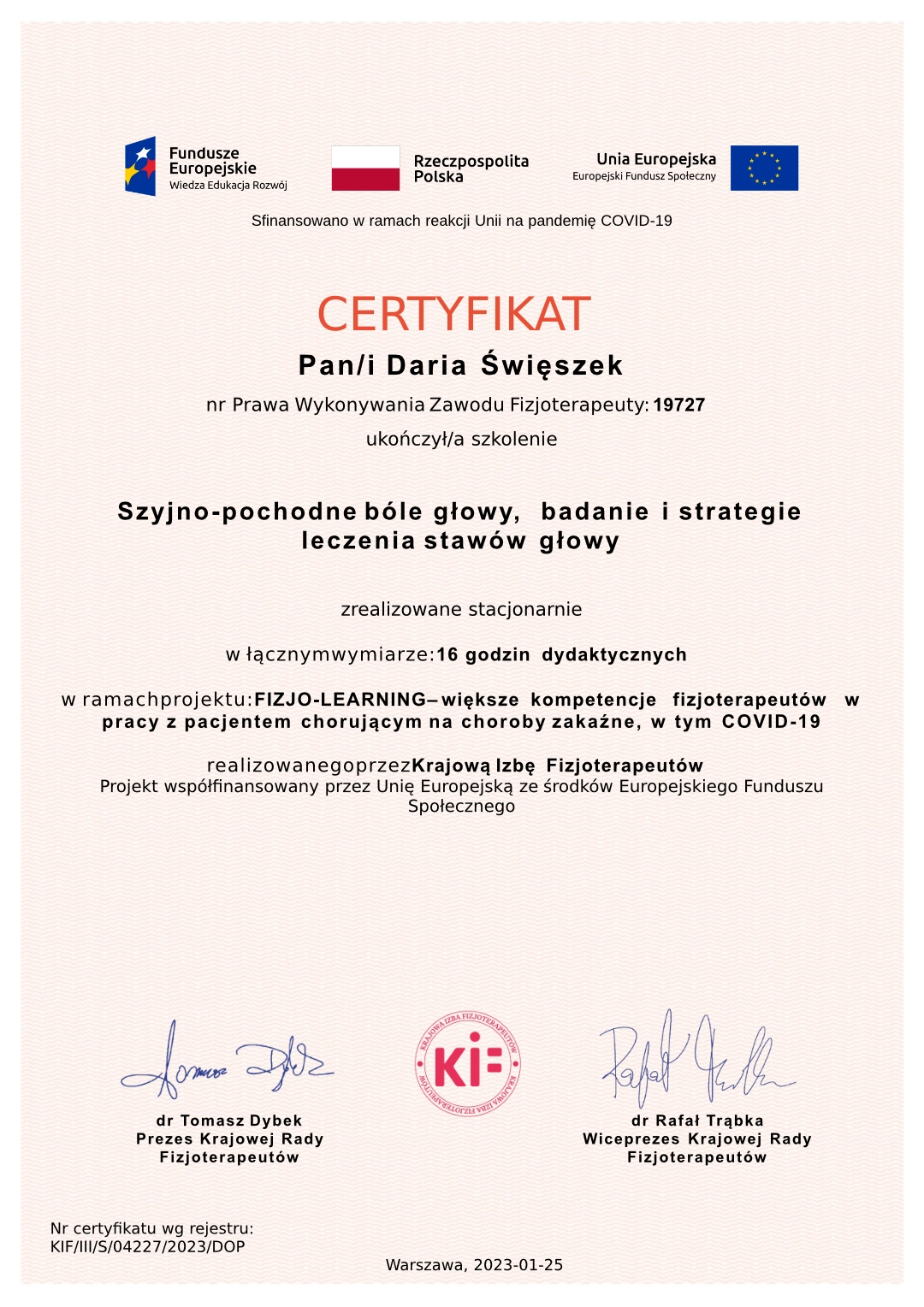 certyfikat Daria Święszek Bóle głowy, badanie i strategie leczenia stawów głowy